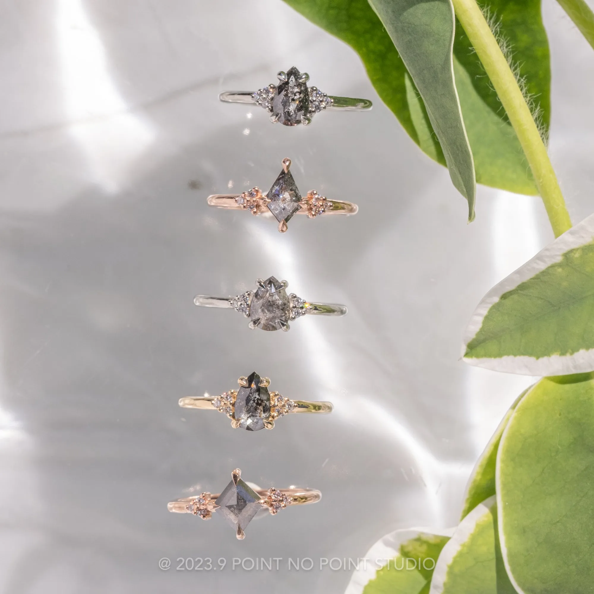 1 Carat Salt and Pepper Pear Diamond Engagement Ring, Quinn Setting, 14k White Gold