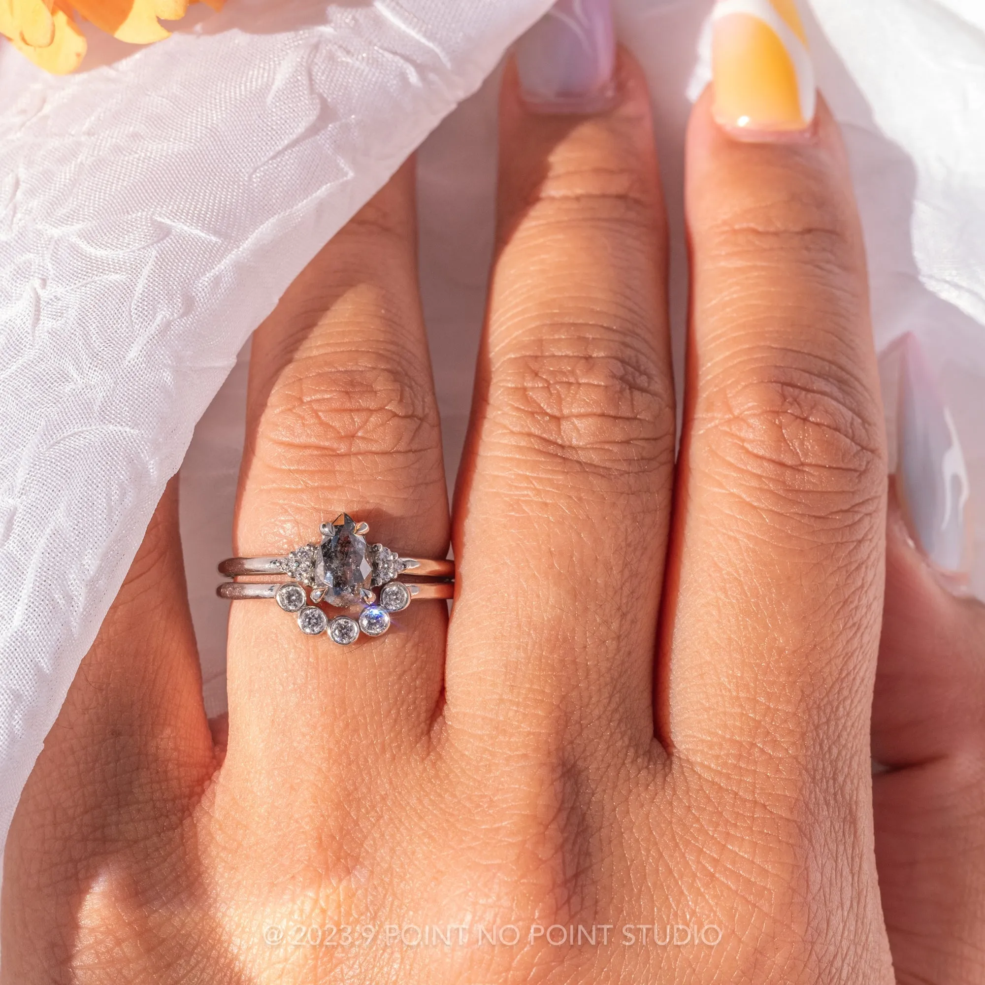 1 Carat Salt and Pepper Pear Diamond Engagement Ring, Quinn Setting, 14k White Gold