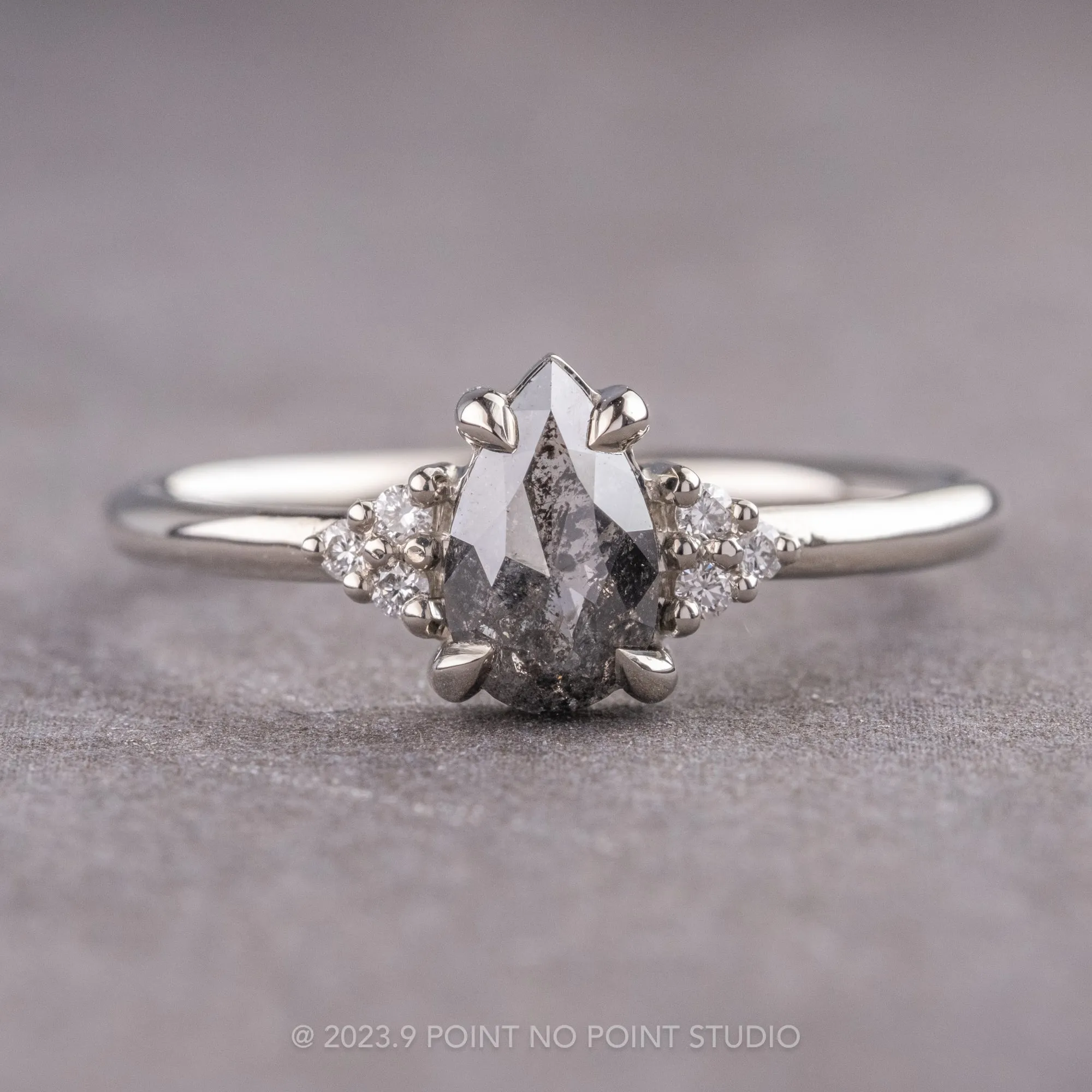 1 Carat Salt and Pepper Pear Diamond Engagement Ring, Quinn Setting, 14k White Gold