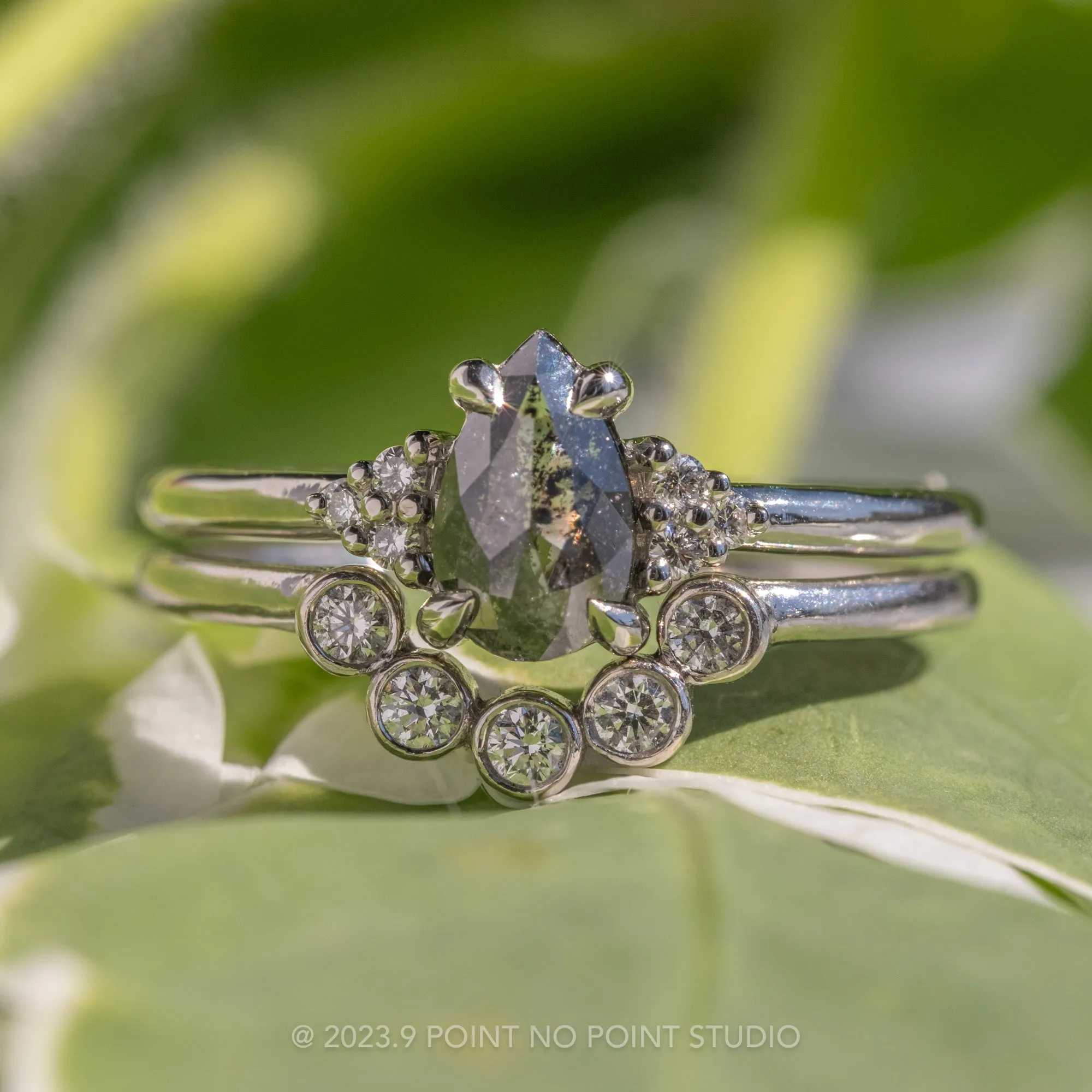 1 Carat Salt and Pepper Pear Diamond Engagement Ring, Quinn Setting, 14k White Gold