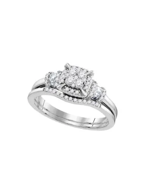 10kt White Gold Round Diamond Square Bridal Wedding Ring Band Set 3/8 Cttw