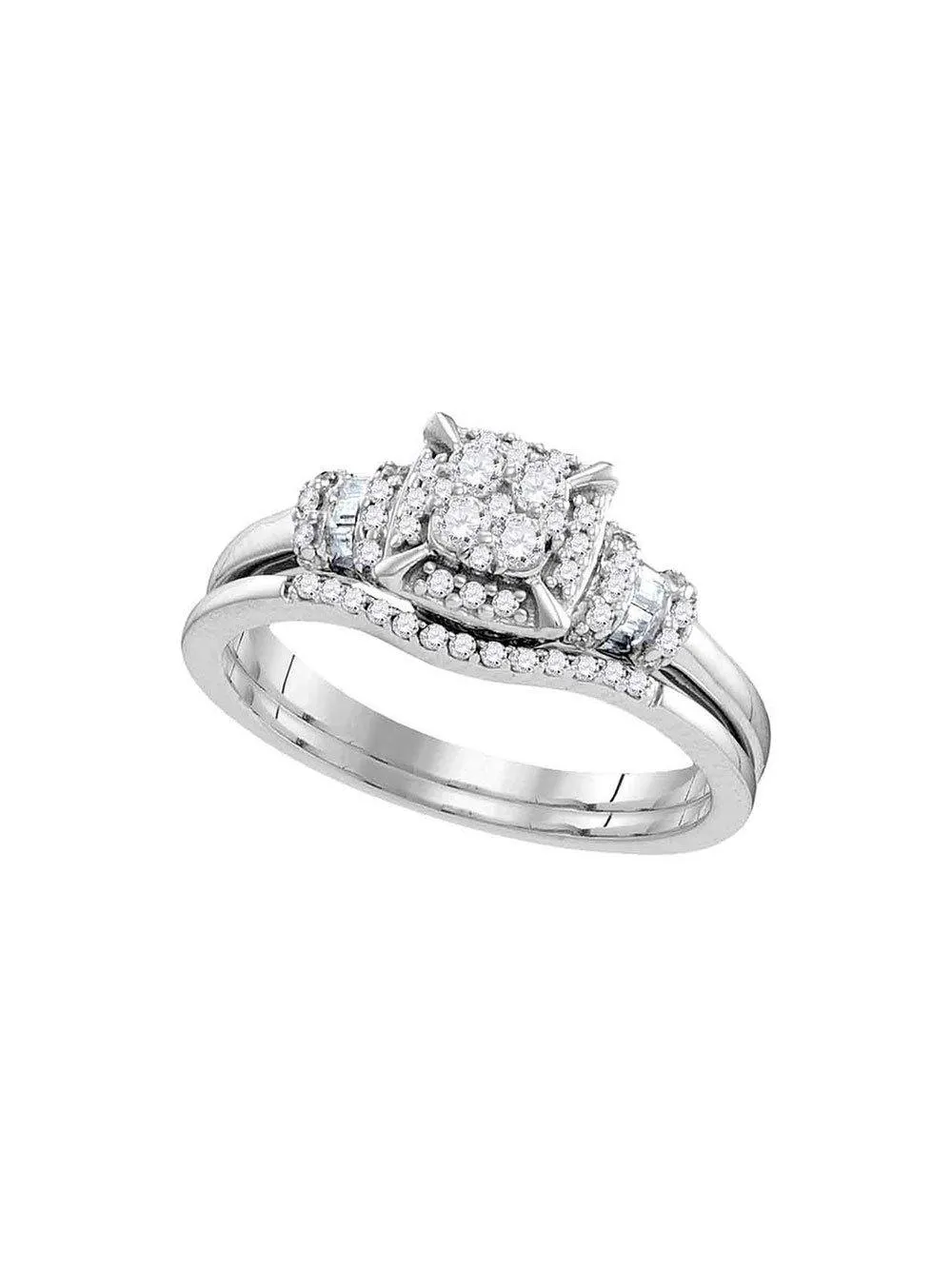 10kt White Gold Round Diamond Square Bridal Wedding Ring Band Set 3/8 Cttw