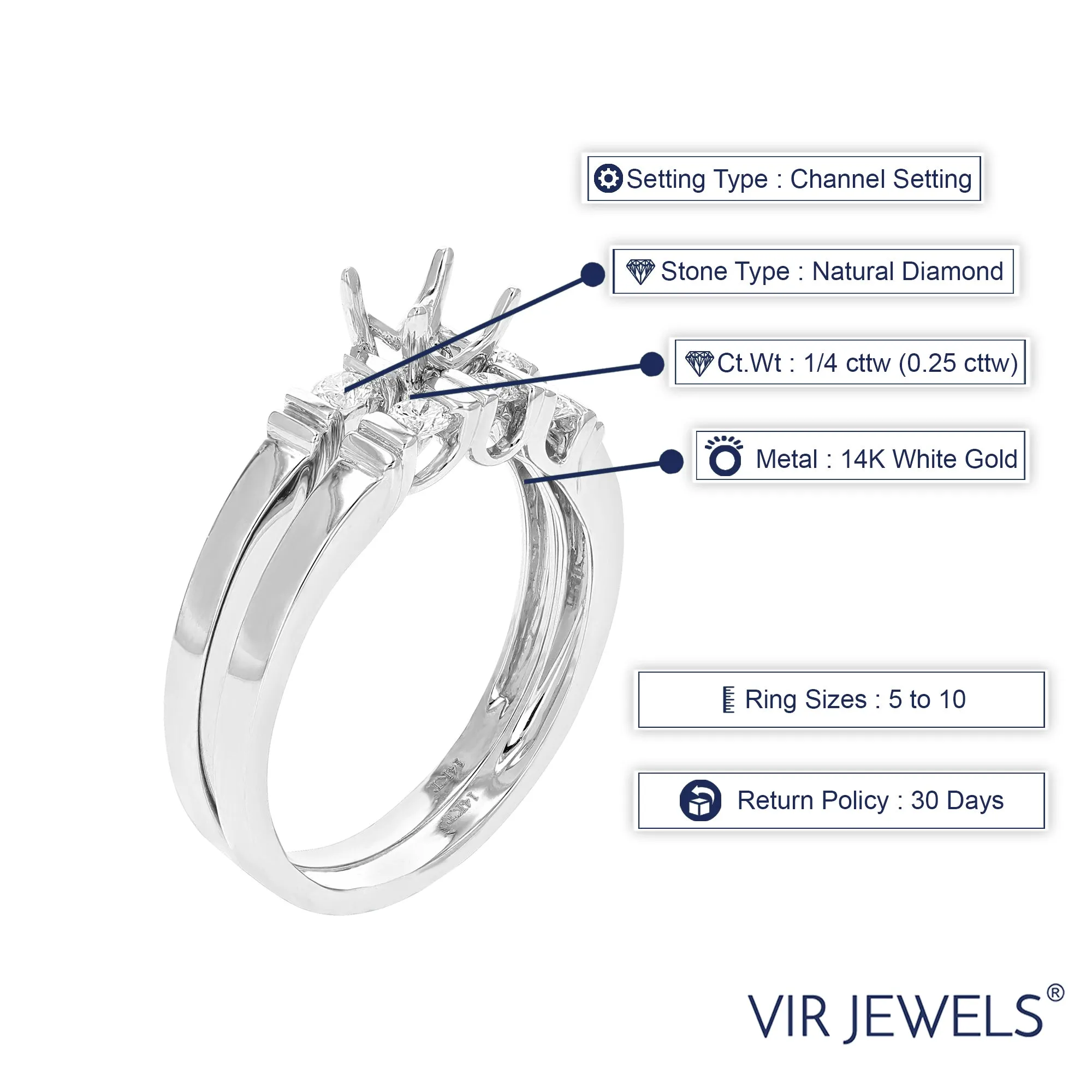 1/4 cttw Semi Mount Diamond Wedding Ring Set in 14K White Gold