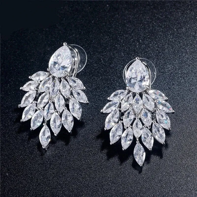 14K Gold Plated Cluster Crystal Earrings, Large Wedding Leaf Studs, Bridal Omega Latch Back Earrings, Bridesmaid CZ Crystal Earrings
