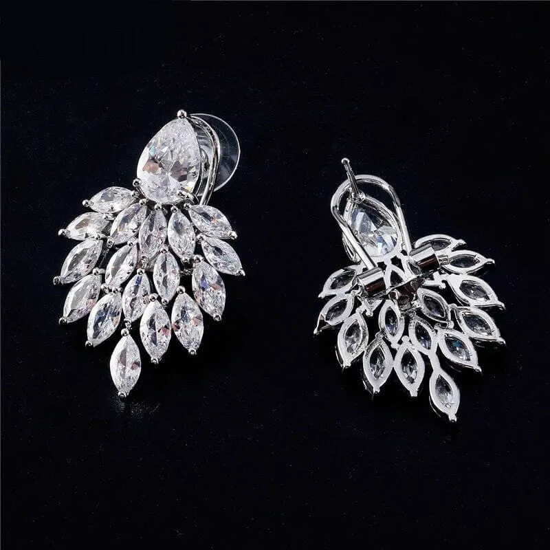 14K Gold Plated Cluster Crystal Earrings, Large Wedding Leaf Studs, Bridal Omega Latch Back Earrings, Bridesmaid CZ Crystal Earrings