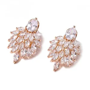 14K Gold Plated Cluster Crystal Earrings, Large Wedding Leaf Studs, Bridal Omega Latch Back Earrings, Bridesmaid CZ Crystal Earrings