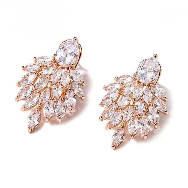 14K Gold Plated Cluster Crystal Earrings, Large Wedding Leaf Studs, Bridal Omega Latch Back Earrings, Bridesmaid CZ Crystal Earrings
