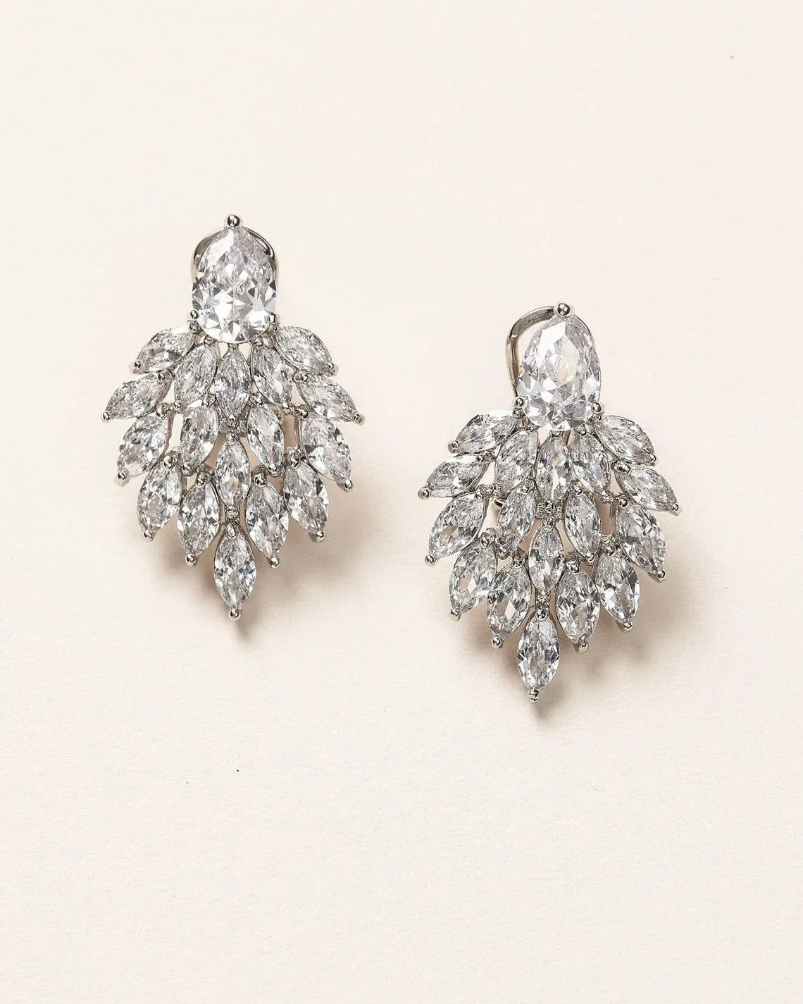 14K Gold Plated Cluster Crystal Earrings, Large Wedding Leaf Studs, Bridal Omega Latch Back Earrings, Bridesmaid CZ Crystal Earrings