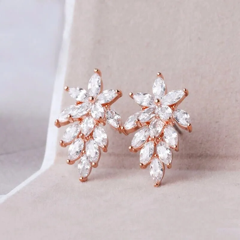 14K Gold Plated Crystal Leaf Studs, Minimalist Fashion Floral Earrings, Wedding Bridal or Bridesmaid Flower Crystal Studded CZ Earrings