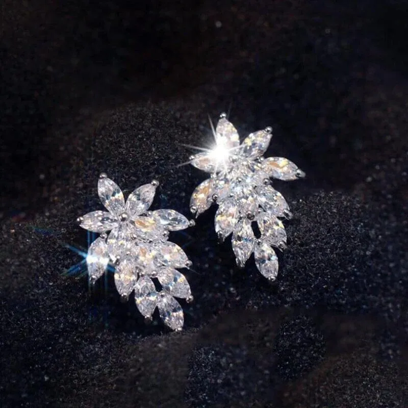 14K Gold Plated Crystal Leaf Studs, Minimalist Fashion Floral Earrings, Wedding Bridal or Bridesmaid Flower Crystal Studded CZ Earrings