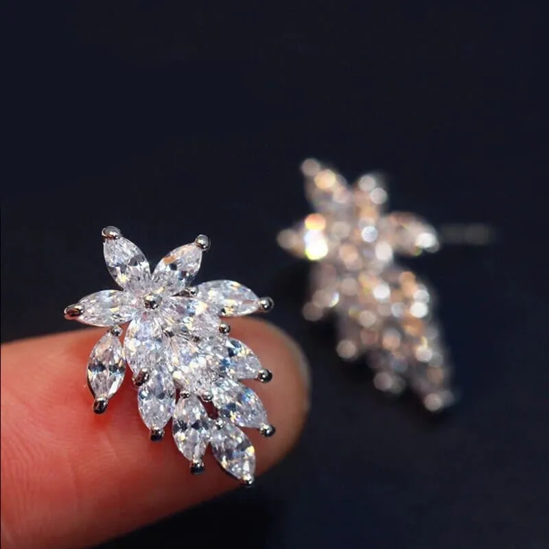 14K Gold Plated Crystal Leaf Studs, Minimalist Fashion Floral Earrings, Wedding Bridal or Bridesmaid Flower Crystal Studded CZ Earrings