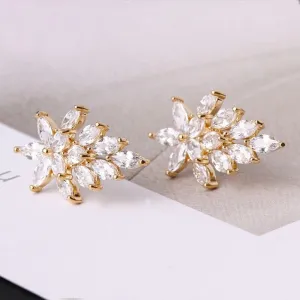 14K Gold Plated Crystal Leaf Studs, Minimalist Fashion Floral Earrings, Wedding Bridal or Bridesmaid Flower Crystal Studded CZ Earrings