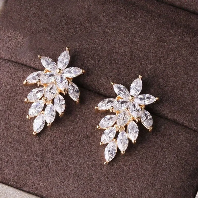 14K Gold Plated Crystal Leaf Studs, Minimalist Fashion Floral Earrings, Wedding Bridal or Bridesmaid Flower Crystal Studded CZ Earrings