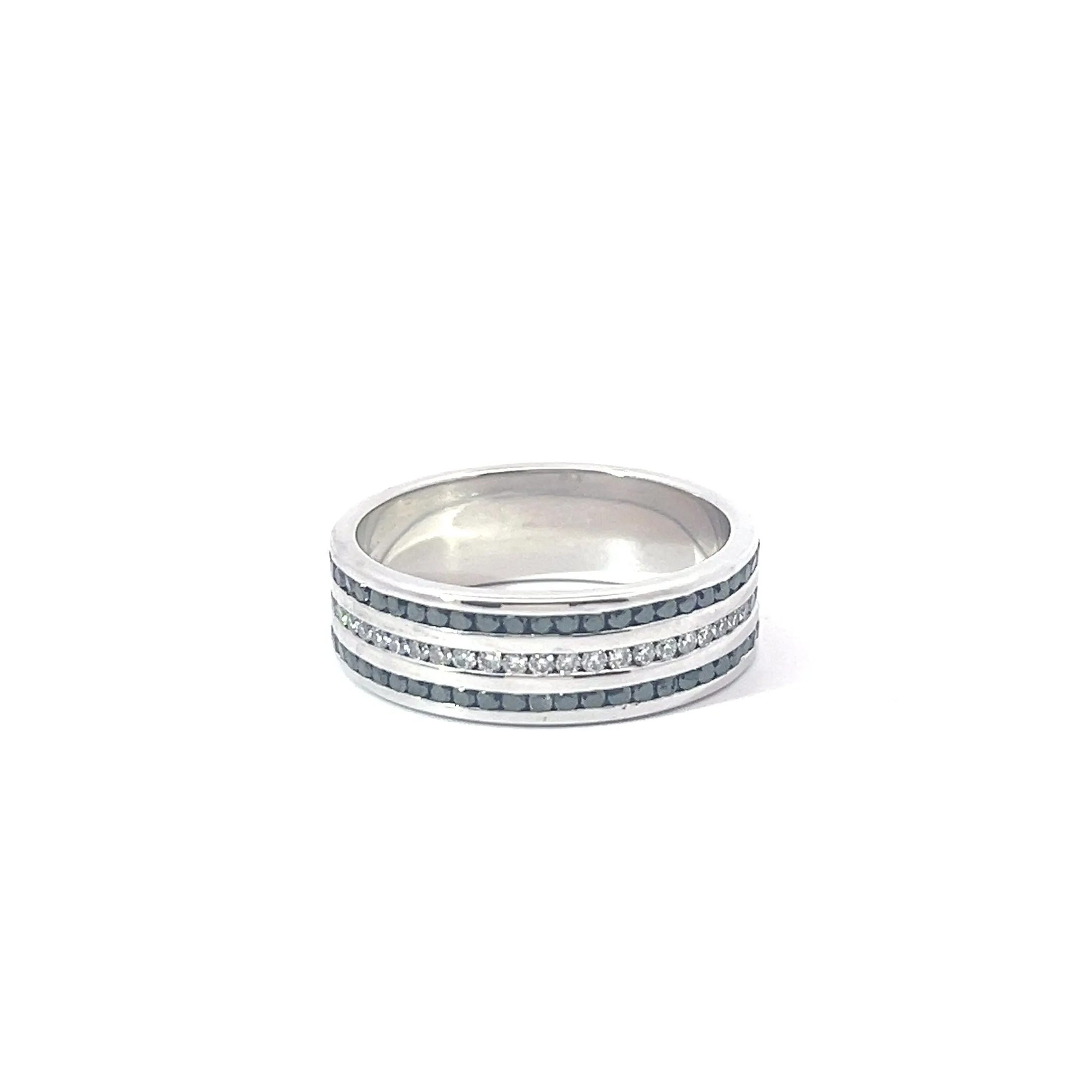 14k White Gold 1.50ct Black Diamond /.65ct G VS2 Round Diamond Channel Set Men Wedding Ring