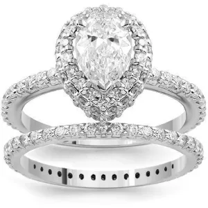 14K White Solid Gold Womens Diamond Bridal Ring Set With EGL Certified Pear Shaped Diamond 2.14 Ctw
