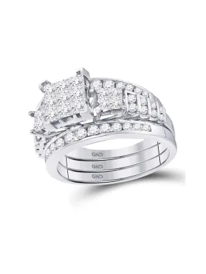 14kt White Gold Princess Diamond 3-Piece Bridal Wedding Ring Band Set 1-1/2 Cttw