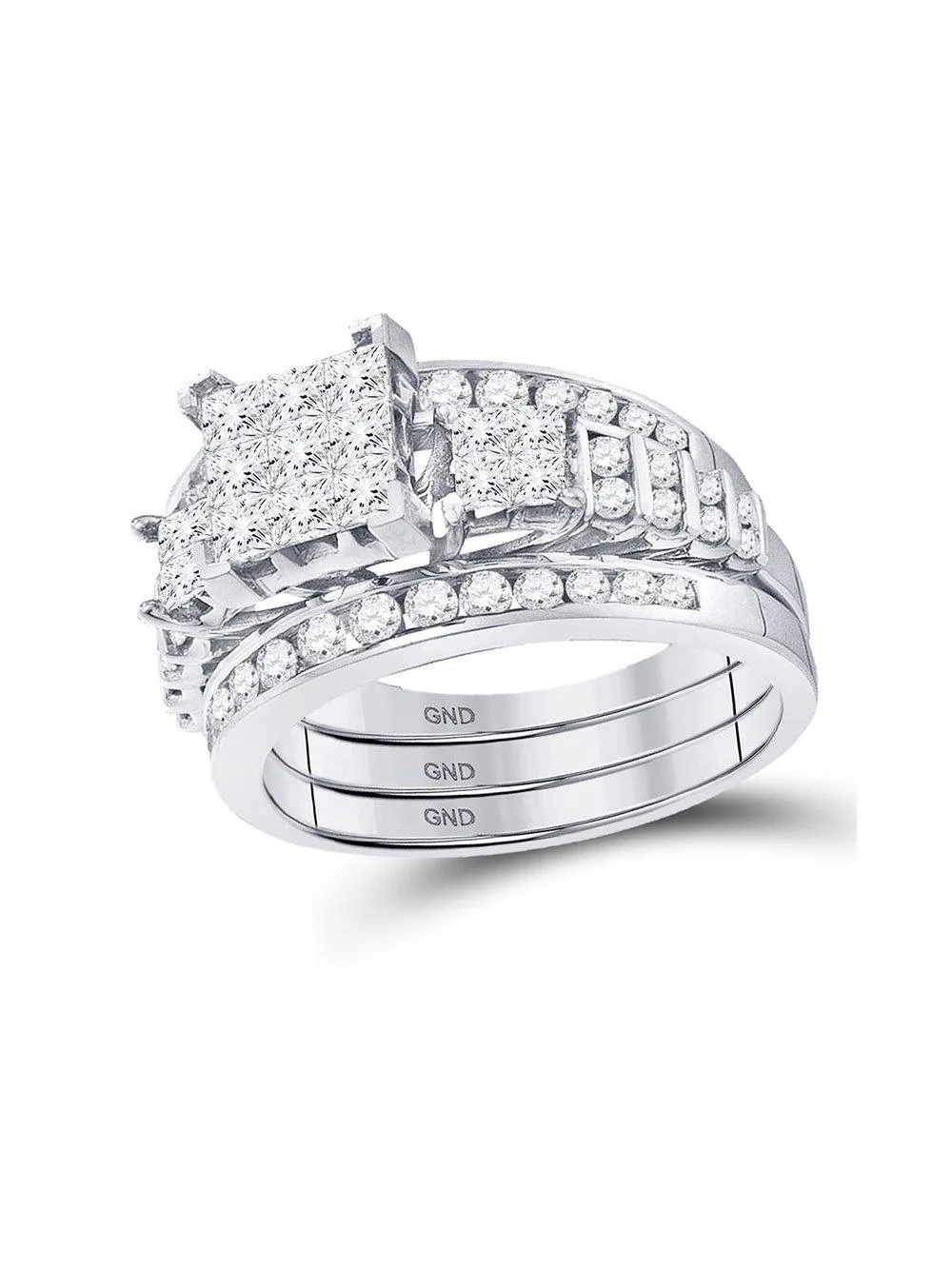 14kt White Gold Princess Diamond 3-Piece Bridal Wedding Ring Band Set 1-1/2 Cttw