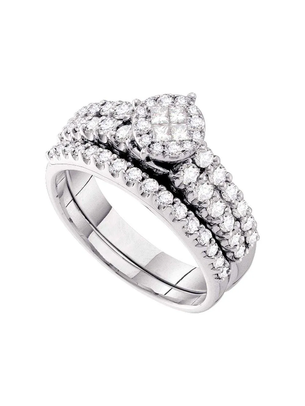 14kt White Gold Princess Diamond Bridal Wedding Ring Band Set 1 Cttw
