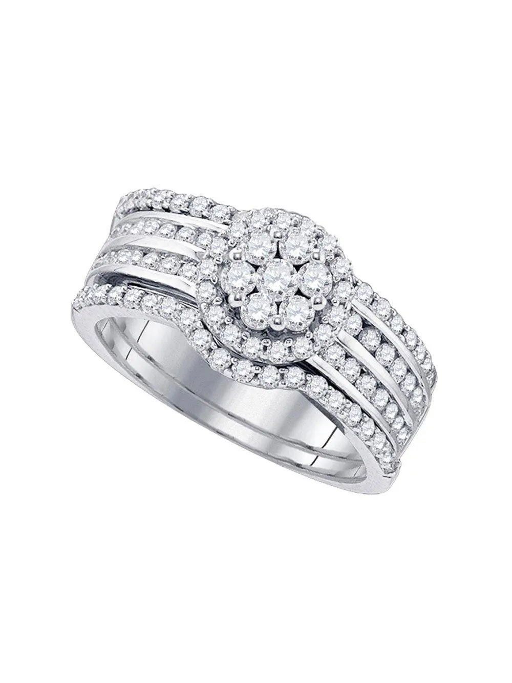 14kt White Gold Round Diamond Cluster Bridal Wedding Ring Band Set 1 Cttw