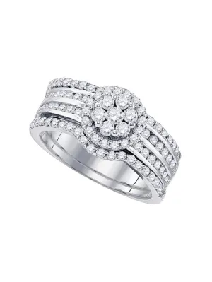 14kt White Gold Round Diamond Cluster Bridal Wedding Ring Band Set 1 Cttw