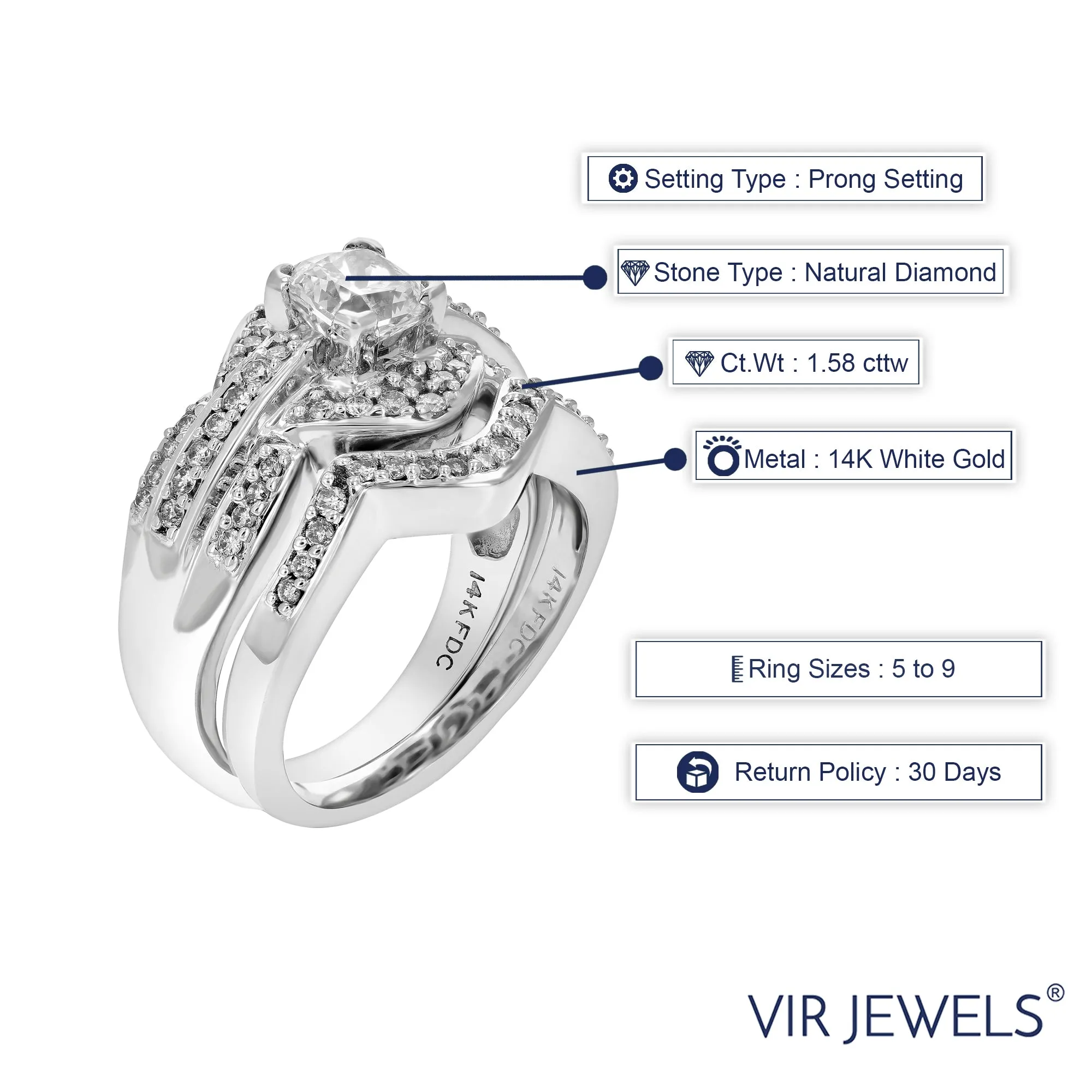 1.58 cttw Diamond Engagement Bridal Ring Set in 14K White Gold