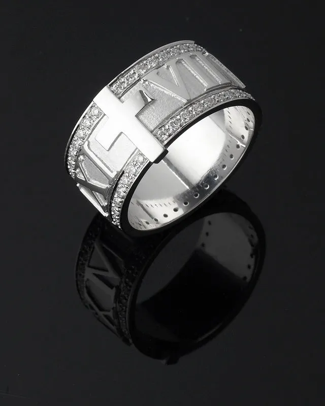 18ct White Gold Mens Roman Numeral Diamond Wedding Band