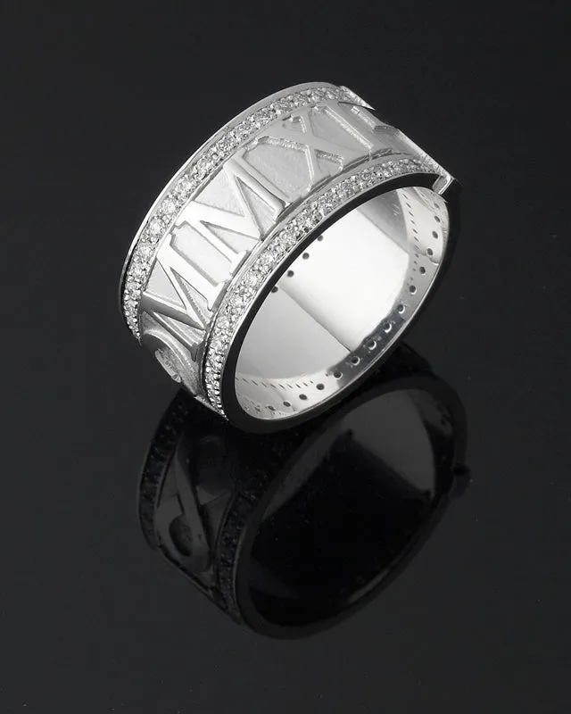 18ct White Gold Mens Roman Numeral Diamond Wedding Band