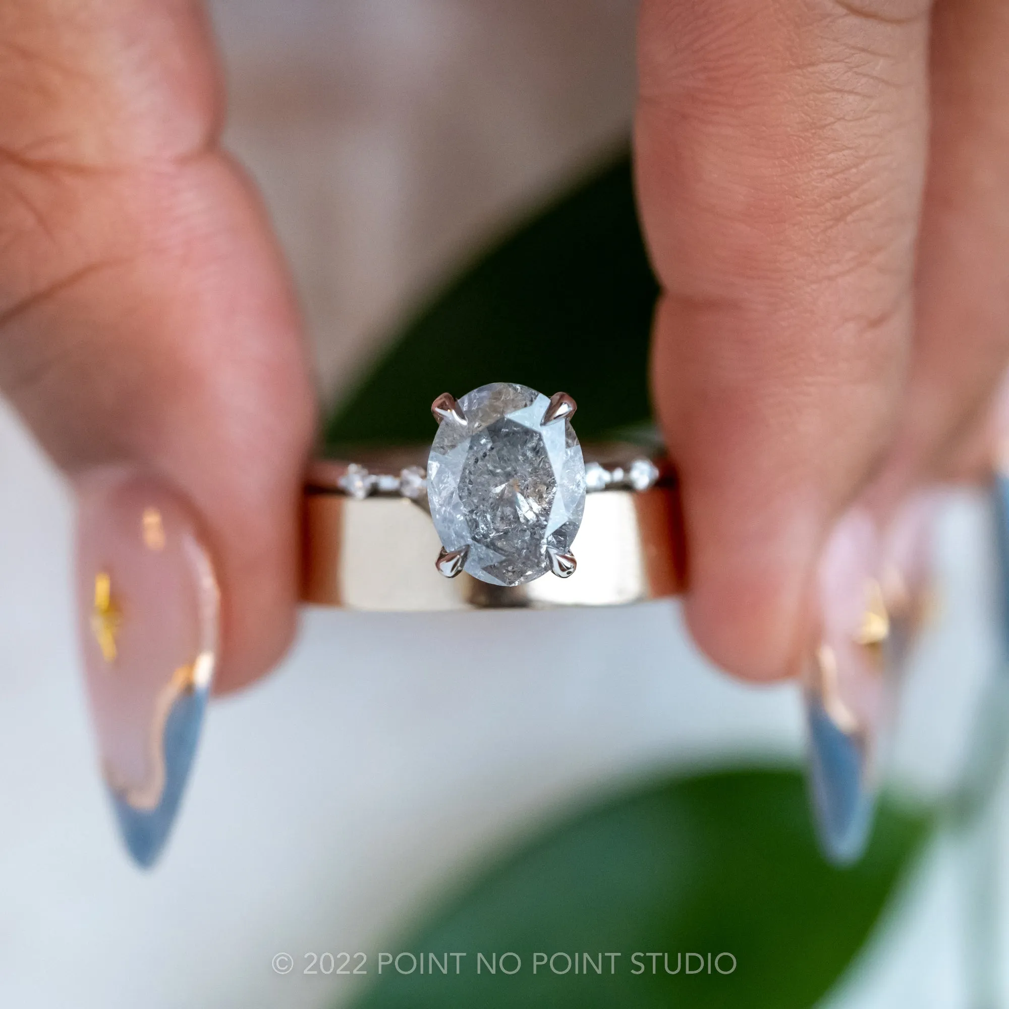 2.19 Carat Salt and Pepper Oval Diamond Engagement Ring, Nova Setting, 14K White Gold