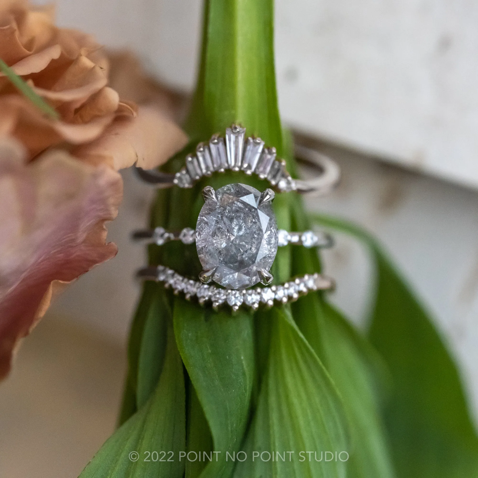 2.19 Carat Salt and Pepper Oval Diamond Engagement Ring, Nova Setting, 14K White Gold