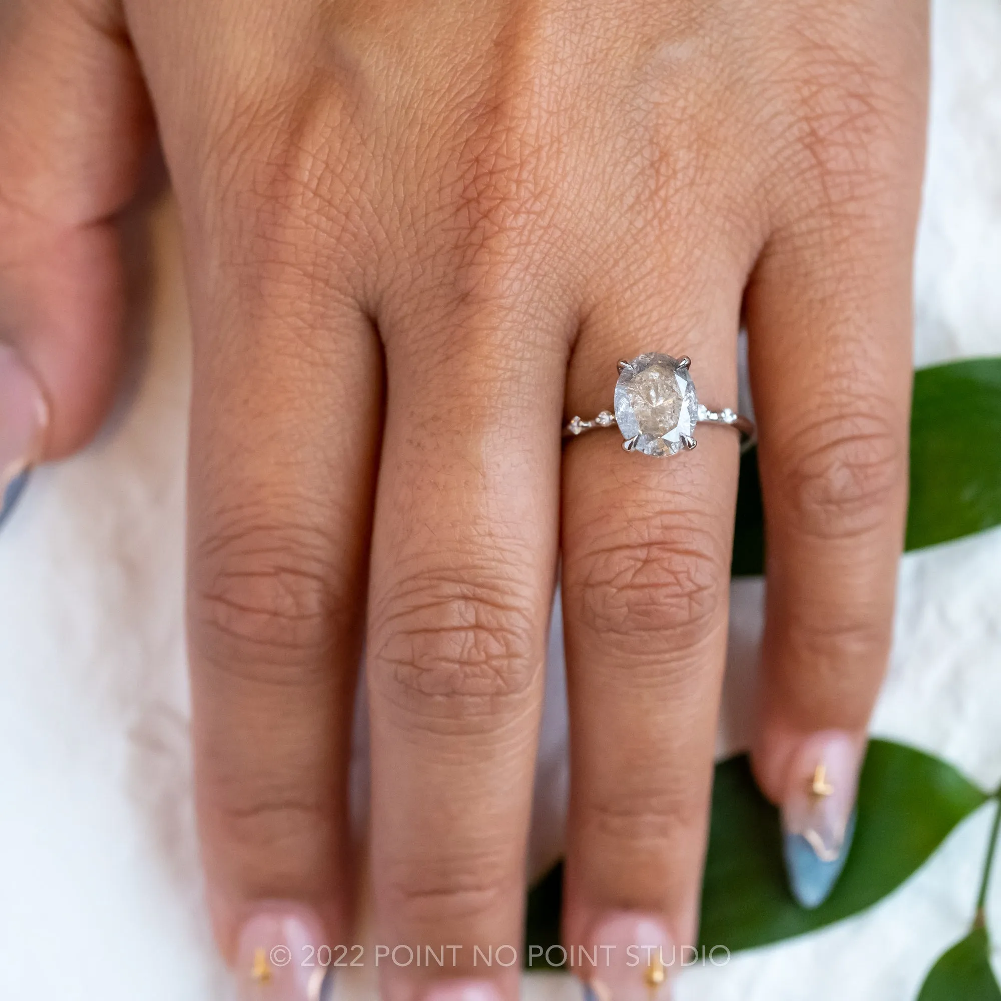 2.19 Carat Salt and Pepper Oval Diamond Engagement Ring, Nova Setting, 14K White Gold