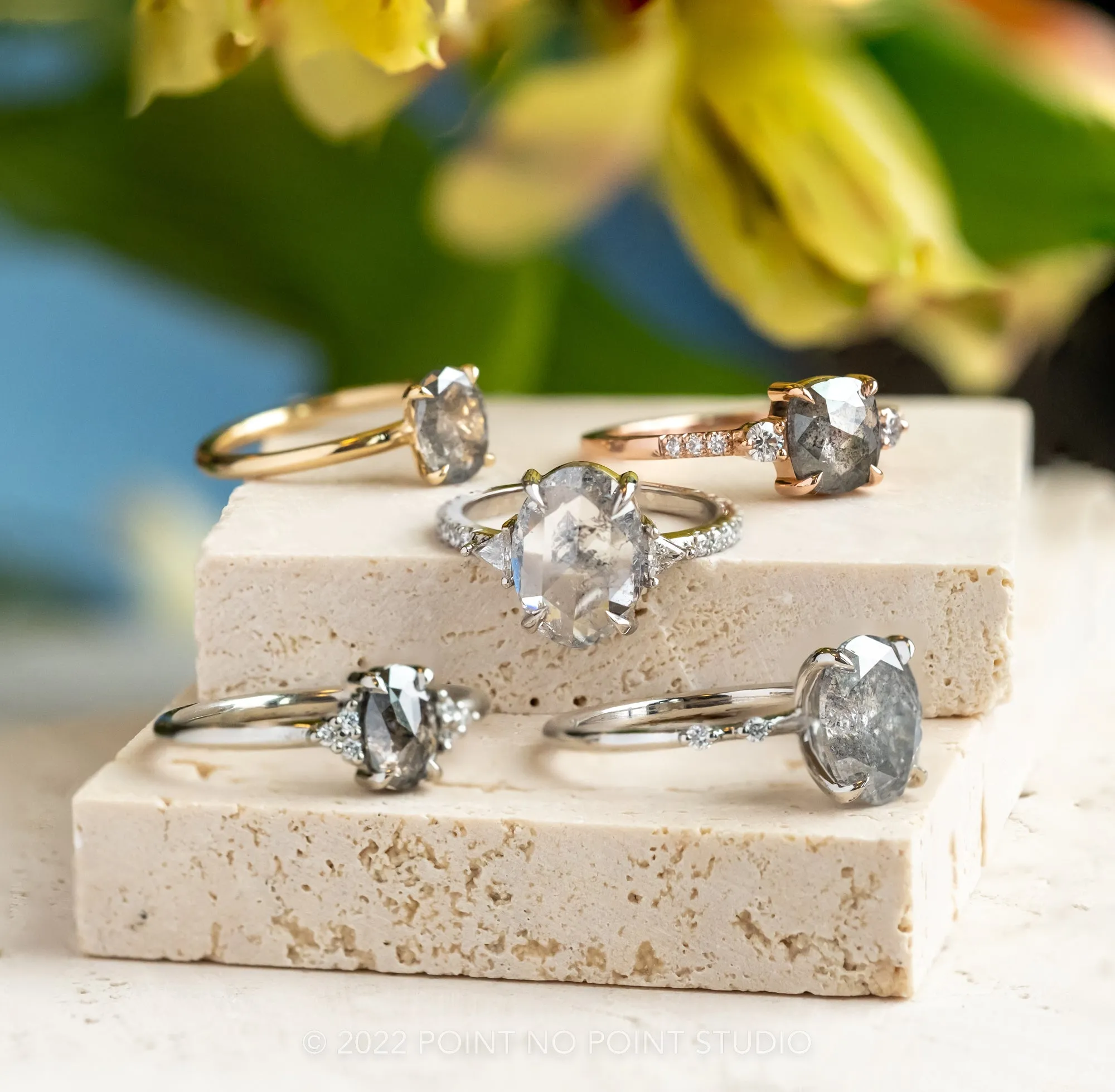 2.19 Carat Salt and Pepper Oval Diamond Engagement Ring, Nova Setting, 14K White Gold