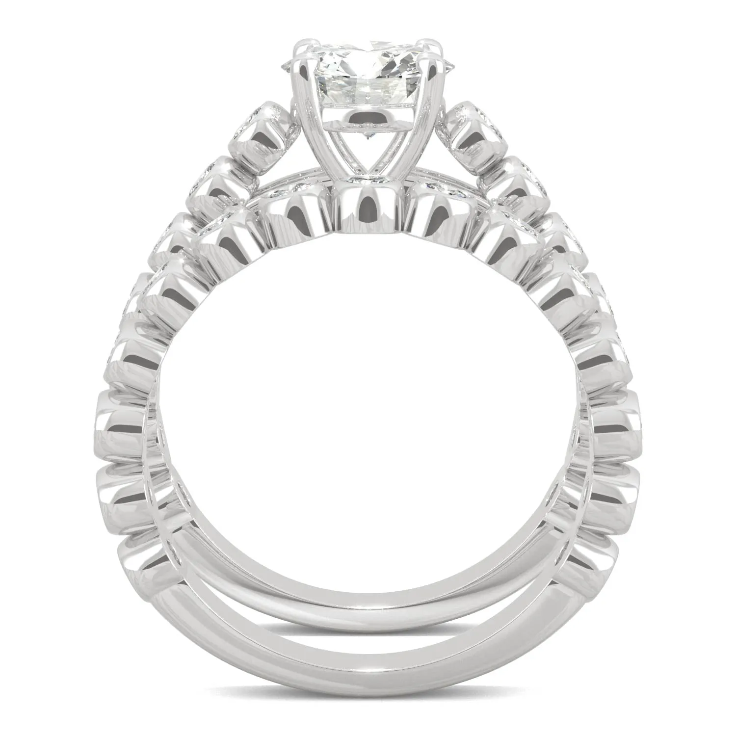 2.22 CTW DEW Round Moissanite Bezel Side-Stone Wedding Set in 14K White Gold
