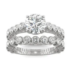 2.22 CTW DEW Round Moissanite Bezel Side-Stone Wedding Set in 14K White Gold