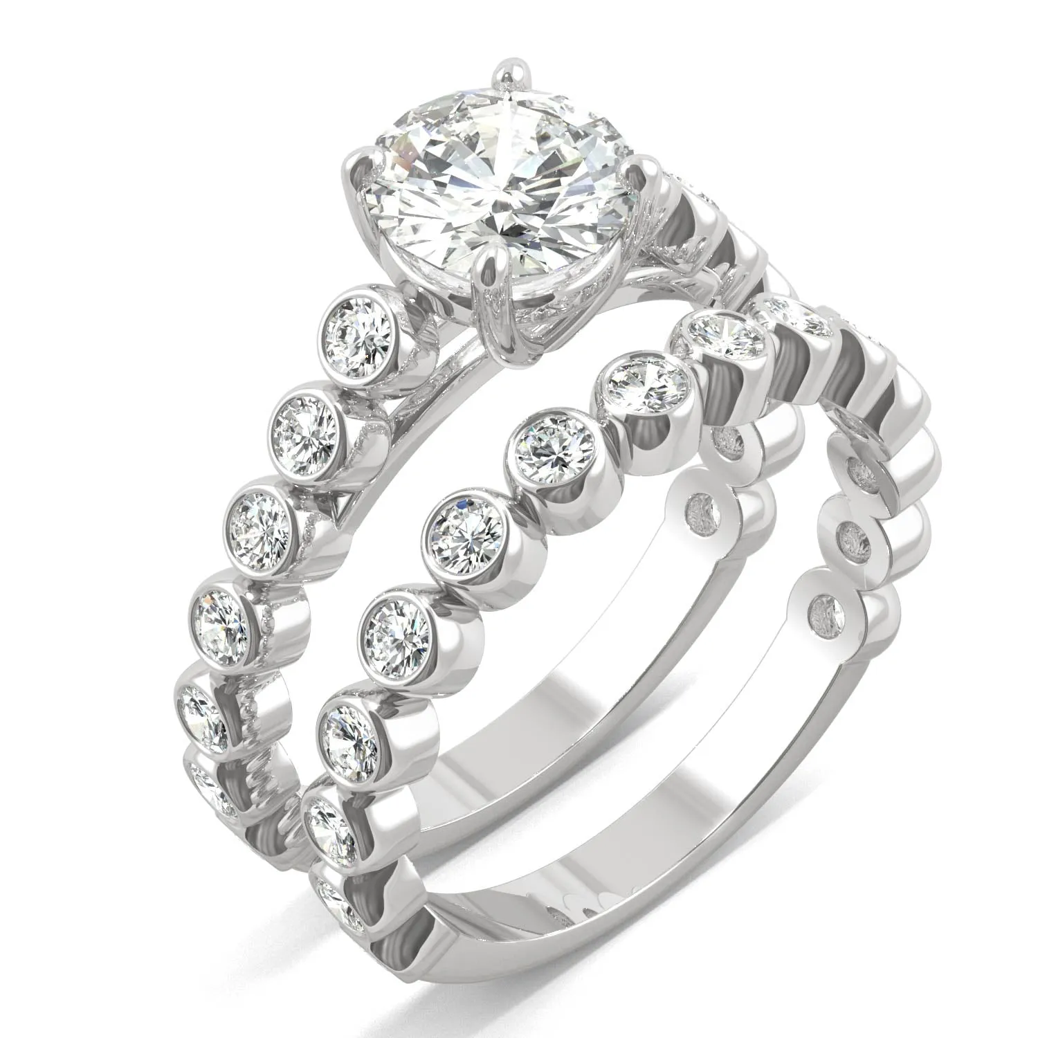 2.22 CTW DEW Round Moissanite Bezel Side-Stone Wedding Set in 14K White Gold