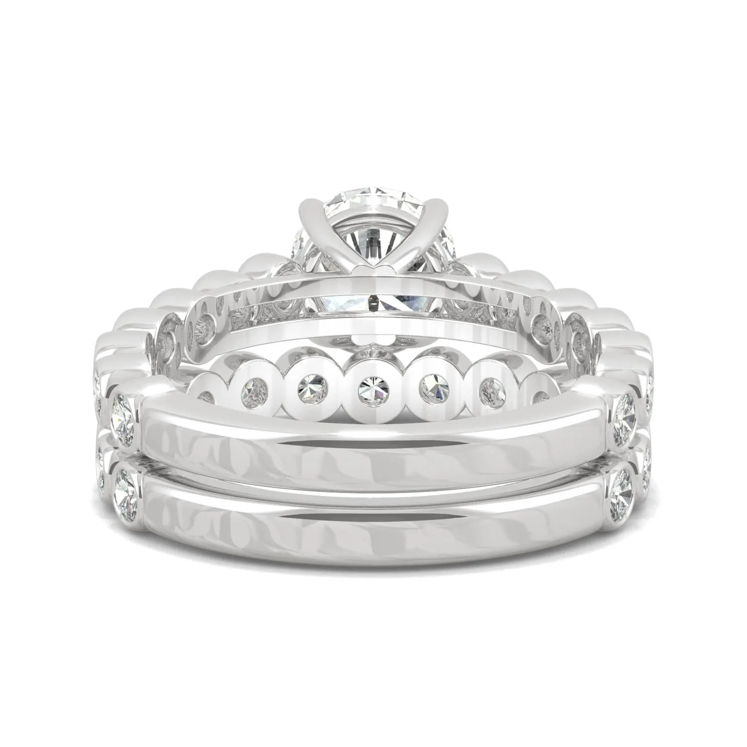 2.22 CTW DEW Round Moissanite Bezel Side-Stone Wedding Set in 14K White Gold