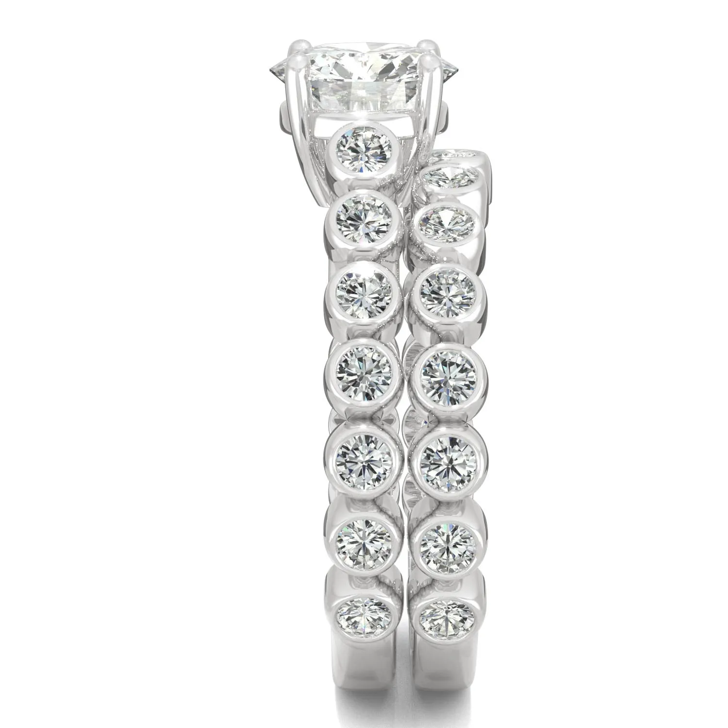 2.22 CTW DEW Round Moissanite Bezel Side-Stone Wedding Set in 14K White Gold