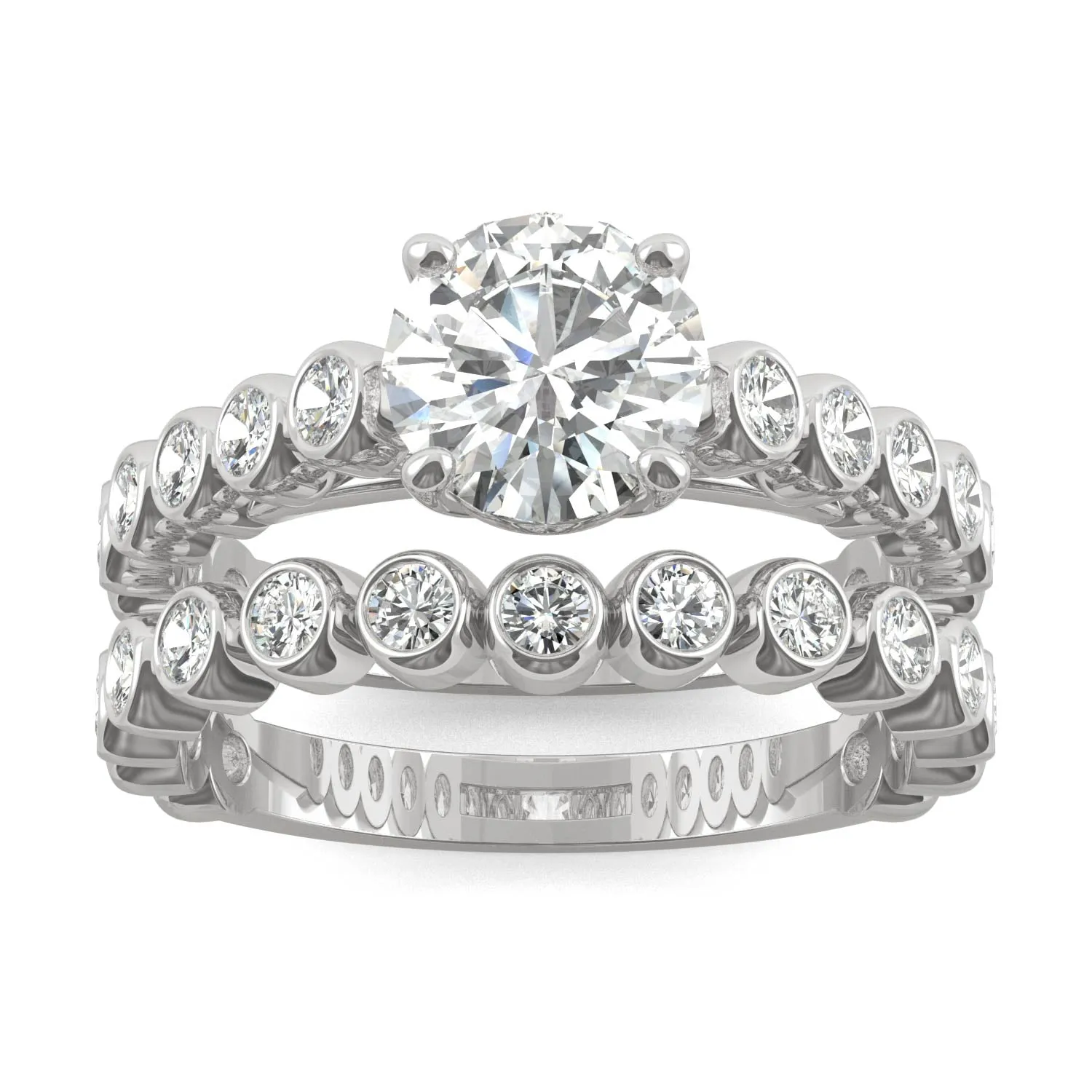 2.22 CTW DEW Round Moissanite Bezel Side-Stone Wedding Set in 14K White Gold