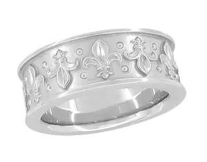 8mm Wide Vintage Fleur-de-Lis Wedding Band Ring Design in 14 Karat White Gold