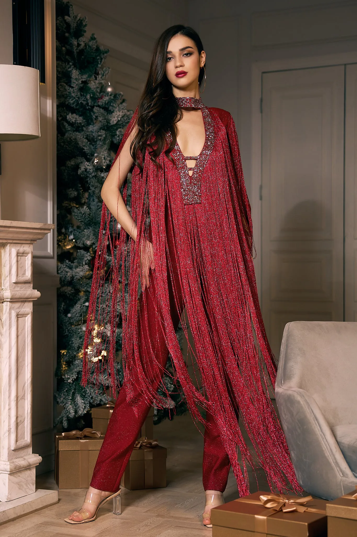 Anastasia Halter Fringe Party Jumpsuit