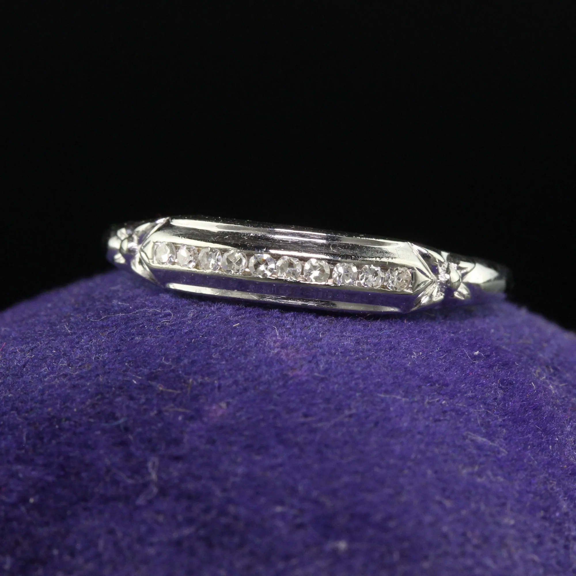 Antique Art Deco 18K White Gold Single Cut Diamond Wedding Band - Size 6 1/2