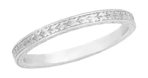 Art Deco Engraved Wheat Wedding Band in 10 Karat White Gold