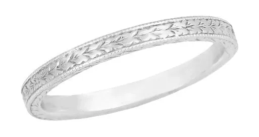 Art Deco Engraved Wheat Wedding Band in 10 Karat White Gold