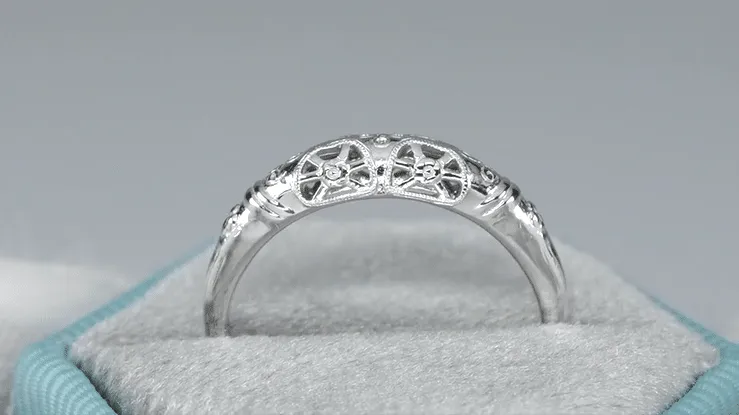 Art Deco Filigree Floral Dome Wedding Ring in White Gold