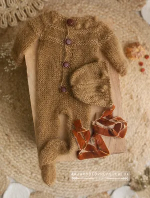 Baby newborn knitted pyjama romper and bonnet, caramel brown, RTS