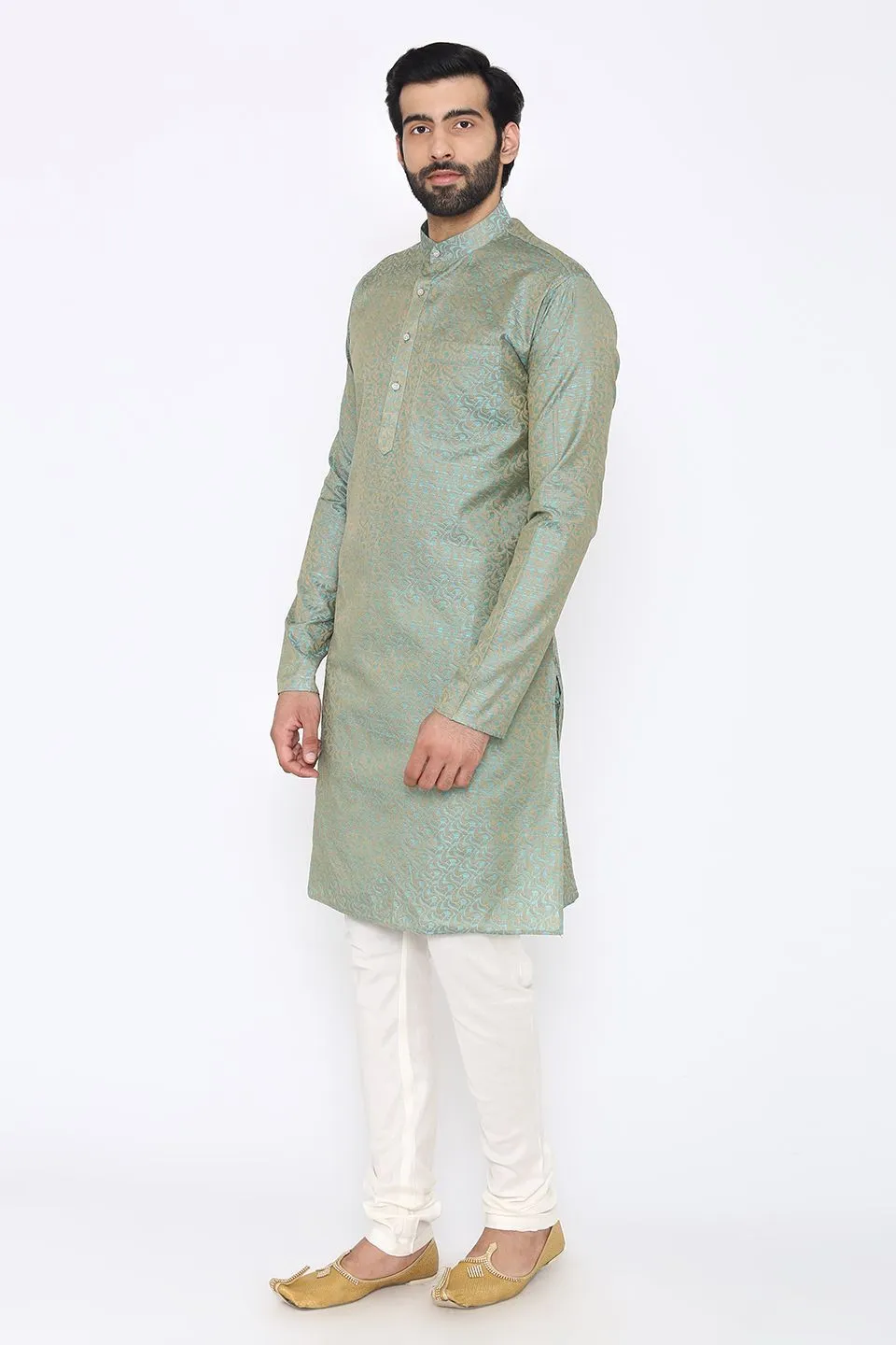 Banarasi Art Silk Cotton Blend Blue Long Kurta Pajama