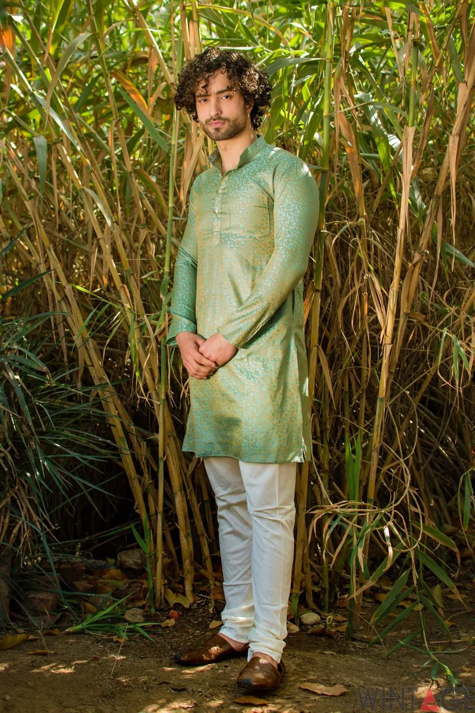 Banarasi Art Silk Cotton Blend Blue Long Kurta Pajama