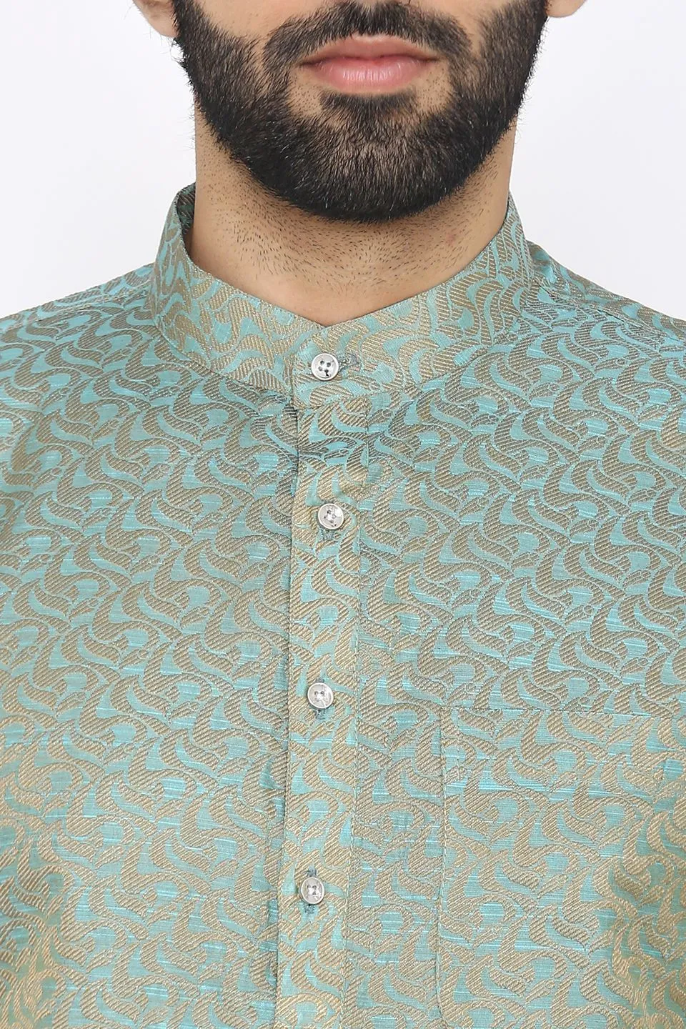 Banarasi Art Silk Cotton Blend Blue Long Kurta Pajama