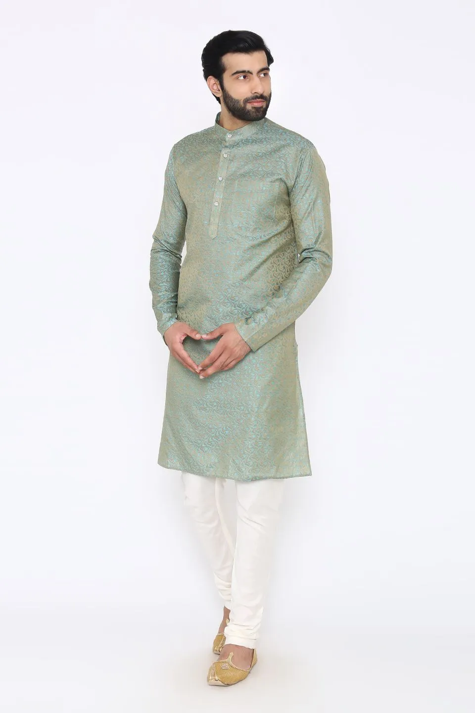 Banarasi Art Silk Cotton Blend Blue Long Kurta Pajama