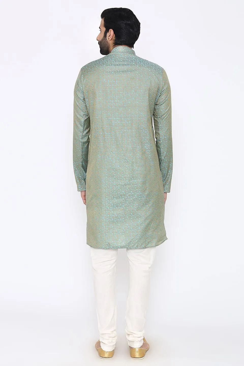 Banarasi Art Silk Cotton Blend Blue Long Kurta Pajama