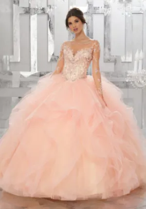 Beaded Embroidery on Net with Flounced Tulle Ballgown Skirt